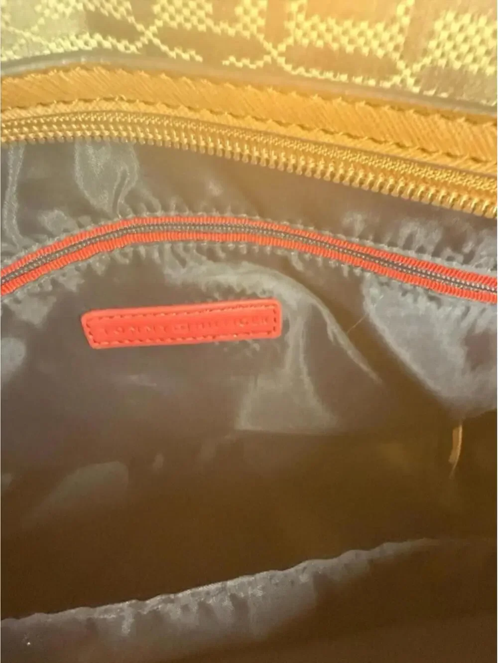 Tommy Hilfiger Satchel Bag Monogram Pattern brown Faux Leather Trim